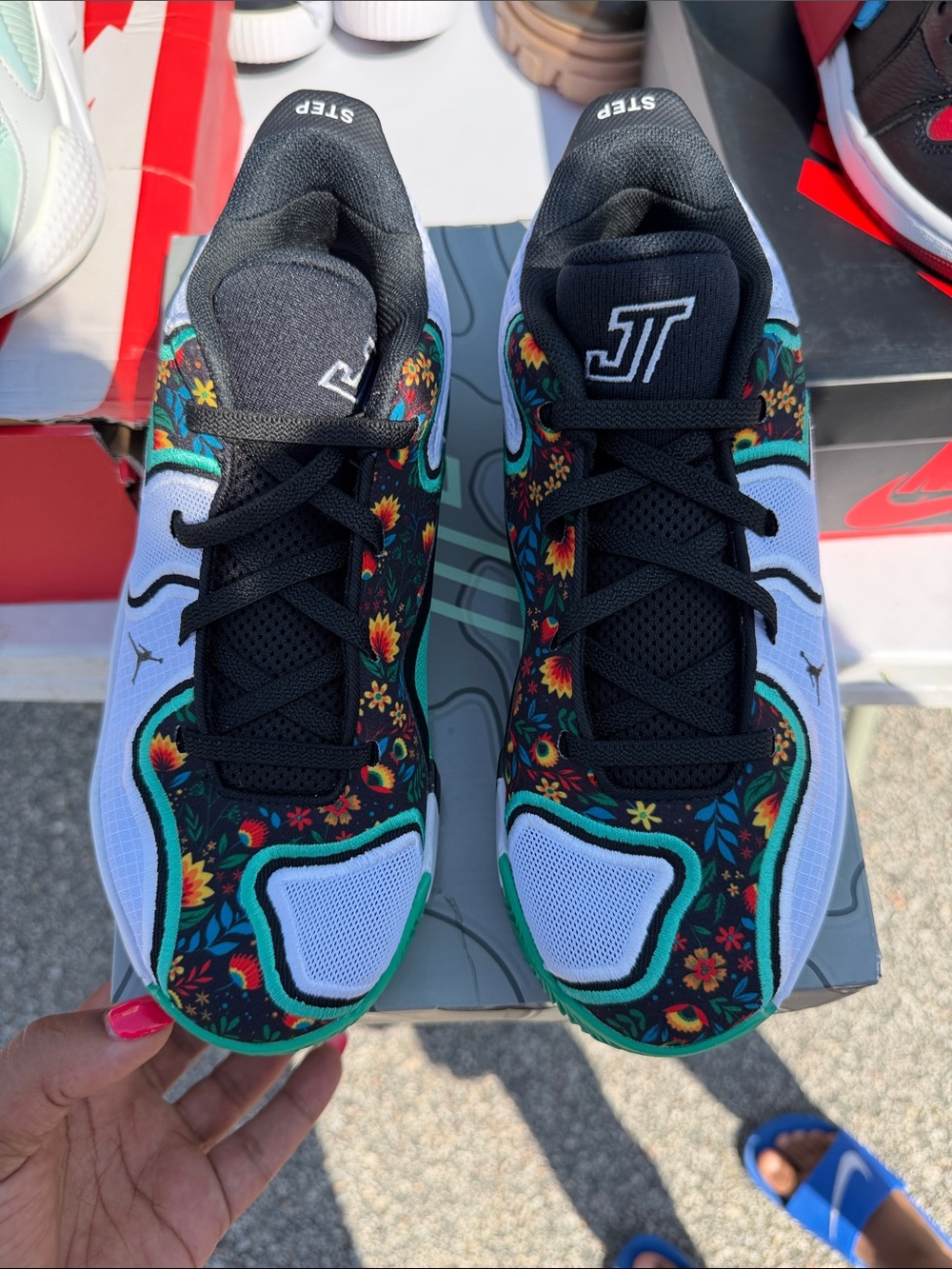 Jordan Floral Basketball Sneakers in Black, White & Teal-Green